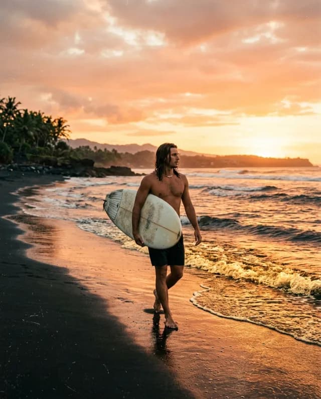 Black sand surfer sunset, Bali